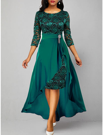 Women's Lace Dress Prom Dress Party Dress Lace Ruffle V Neck 3/4 Length Sleeve Vacation Green Spring Winter Dress