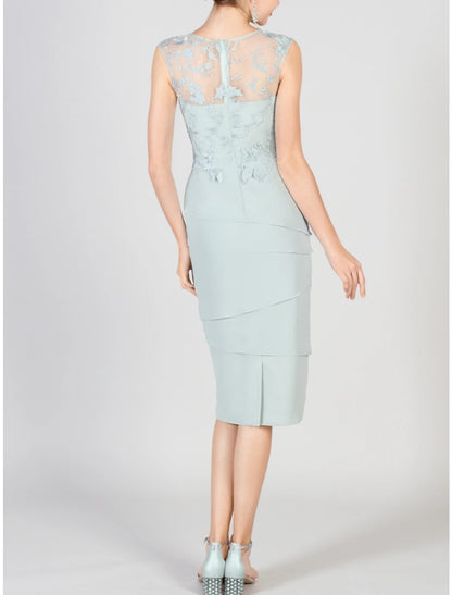 Two Piece Sheath / Column Mother of the Bride Dress Wedding Guest Elegant Petite Jewel Neck Knee Length Chiffon Lace 3/4 Length Sleeve with Ruching Solid Color