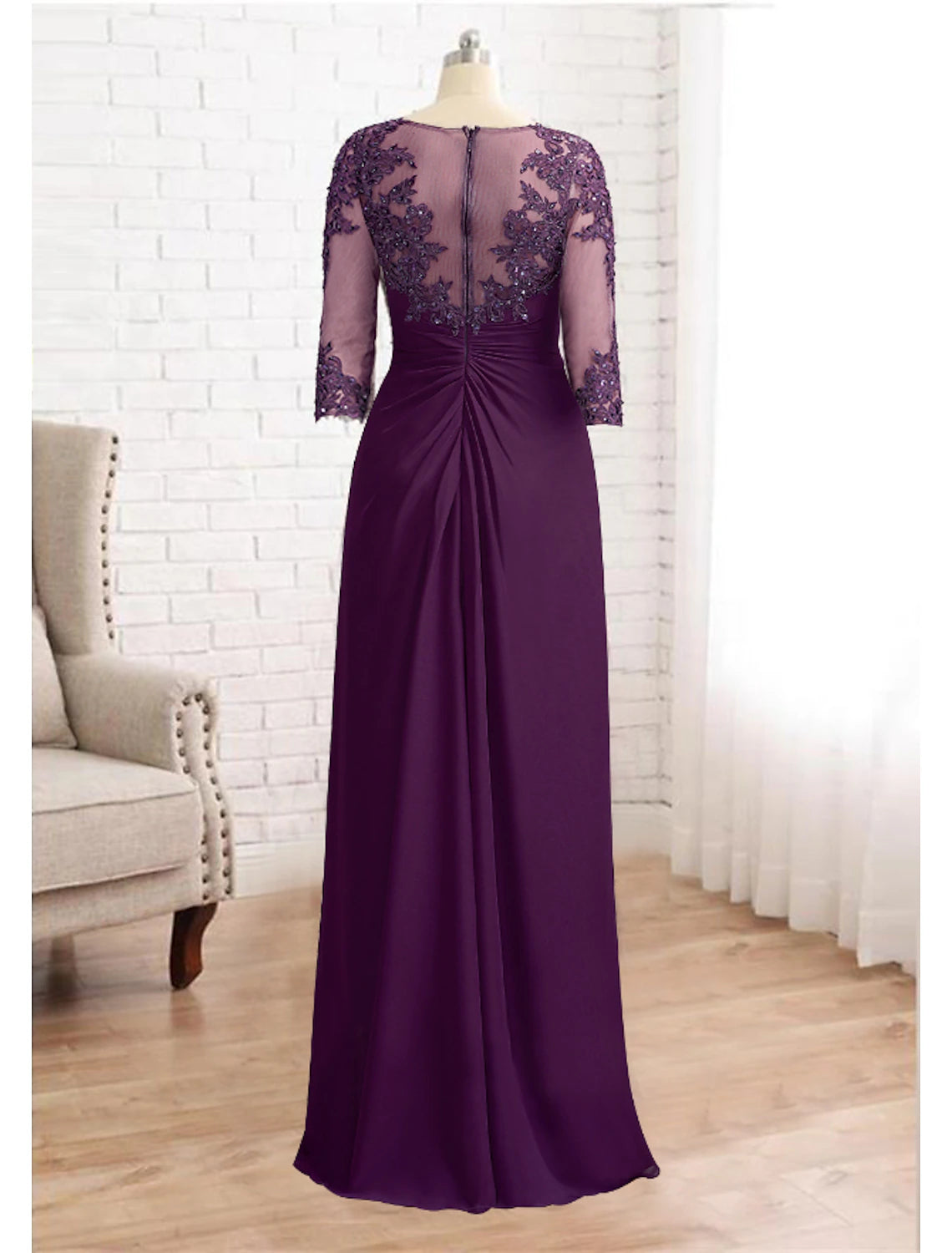 Sheath / Column Mother of the Bride Dress Formal Fall Wedding Guest Elegant Sparkle & Shine Jewel Neck Asymmetrical Floor Length Chiffon Lace 3/4 Length Sleeve with Sequin Appliques