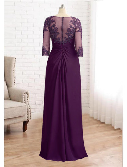 Sheath / Column Mother of the Bride Dress Formal Fall Wedding Guest Elegant Sparkle & Shine Jewel Neck Asymmetrical Floor Length Chiffon Lace 3/4 Length Sleeve with Sequin Appliques