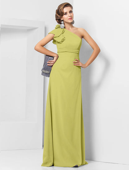 Sheath / Column Elegant Dress Wedding Guest Formal Evening Floor Length Sleeveless One Shoulder Bridesmaid Dress Chiffon with Sash / Ribbon Appliques