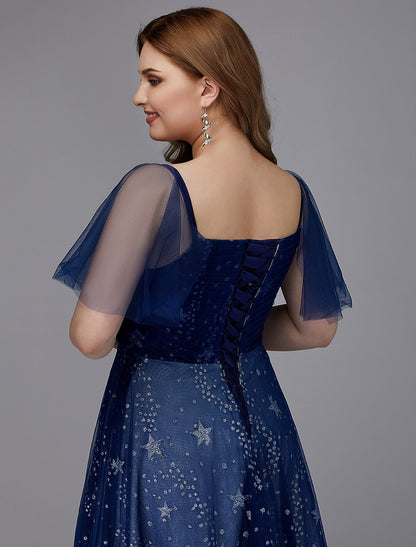 A-Line Plus Size Dress Prom Formal Evening Floor Length Short Sleeve Sweetheart Tulle Lace-up with Beading Pattern / Print