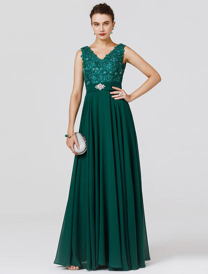 A-Line Elegant Dress Wedding Guest Floor Length Sleeveless V Neck Chiffon V Back with Sash / Ribbon Beading