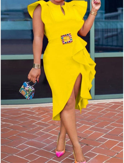 Prom Dress Party Dress Formal Dress Ruffle Split V Neck Short Sleeve White Yellow Winter