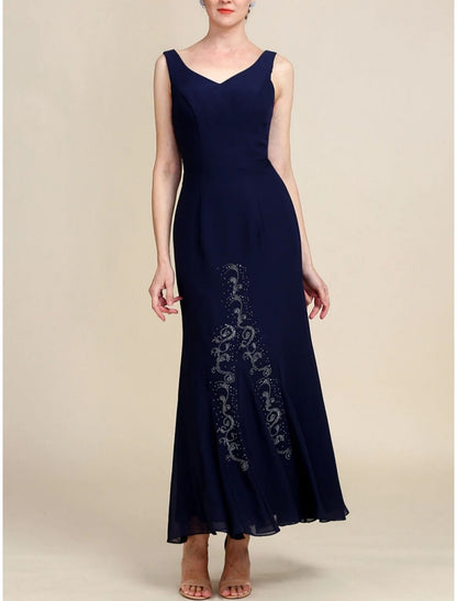 A-Line Mother of the Bride Dress Wedding Guest Elegant V Neck Ankle Length Chiffon Long Sleeve with Sequin Ruching