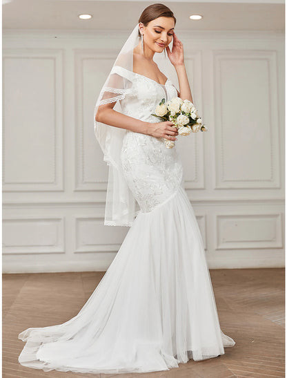 Reception Vintage Wedding Dresses A-Line Off Shoulder Cap Sleeve Sweep / Brush Train Lace Bridal Gowns With Lace Appliques Summer Wedding Party