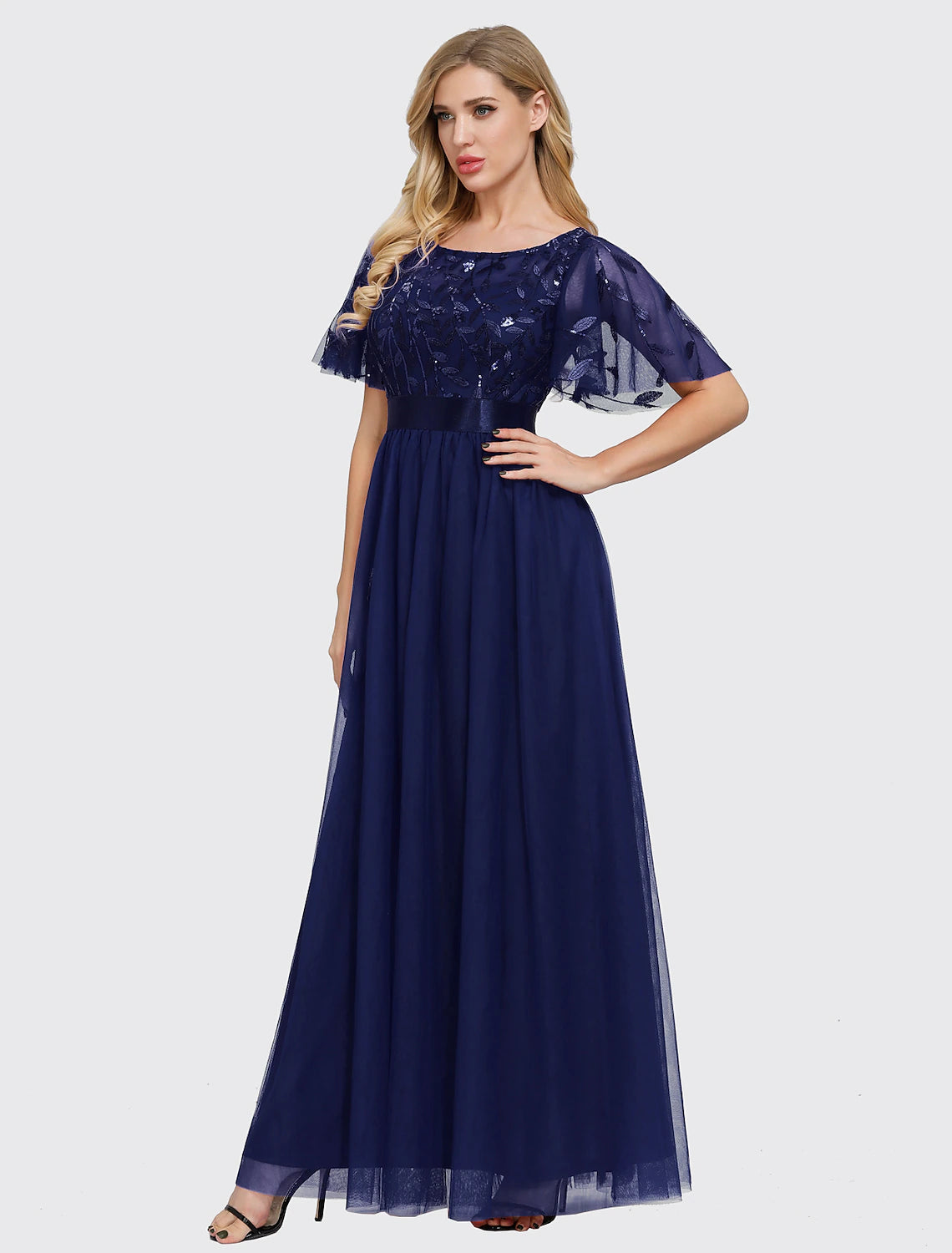 A-Line Empire Elegant Party Wear Prom Dress Jewel Neck Short Sleeve Floor Length Tulle with Embroidery 2022 / Illusion Sleeve