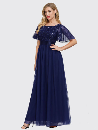A-Line Empire Elegant Party Wear Prom Dress Jewel Neck Short Sleeve Floor Length Tulle with Embroidery 2022 / Illusion Sleeve