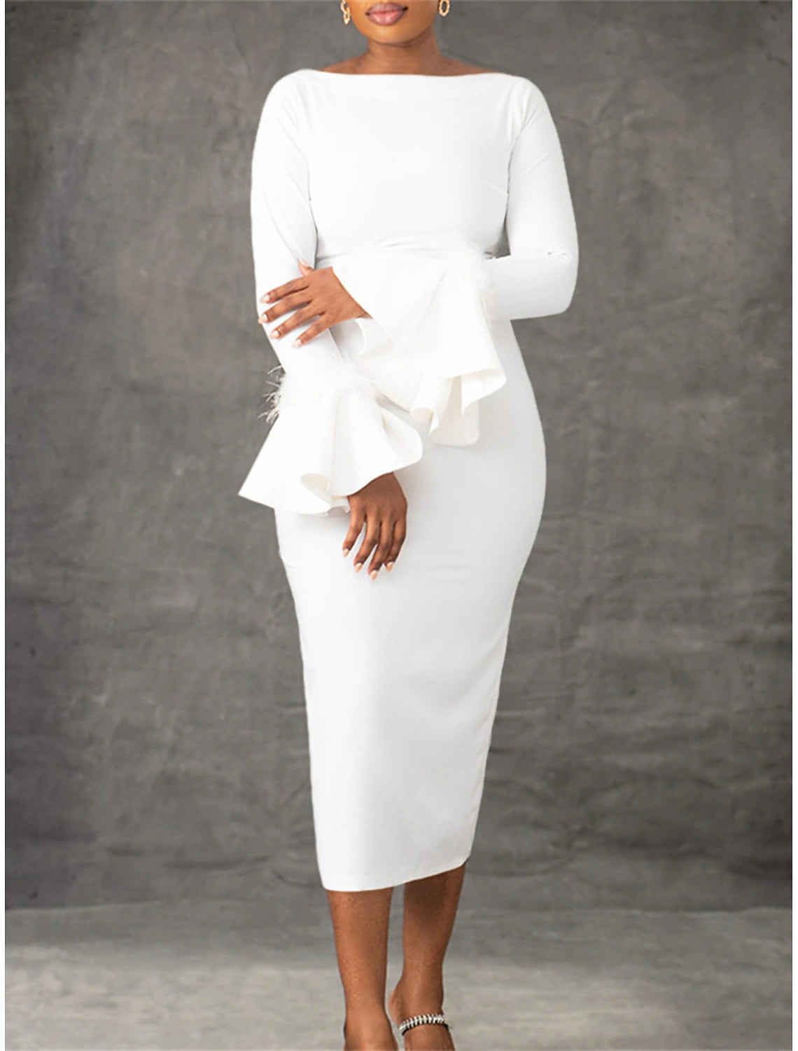 White Dress Party Dress Feather Dress Crew Neck Long Sleeve Midi Dress Birthday Vacation Black White Summer Spring