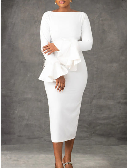 White Dress Party Dress Feather Dress Crew Neck Long Sleeve Midi Dress Birthday Vacation Black White Summer Spring