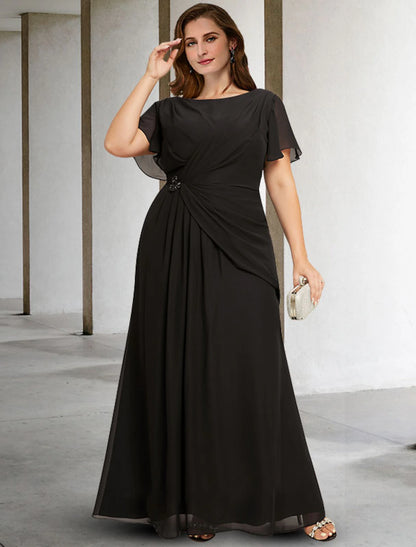 A-Line Plus Size Curve Mother of the Bride Dresses Elegant Dress Formal Floor Length Sleeveless Jewel Neck Chiffon with Ruched Crystals Fall