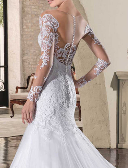 Engagement Open Back Formal Fall Wedding Dresses Mermaid / Trumpet Illusion Neck Long Sleeve Court Train Lace Bridal Gowns With Appliques Summer Wedding Party
