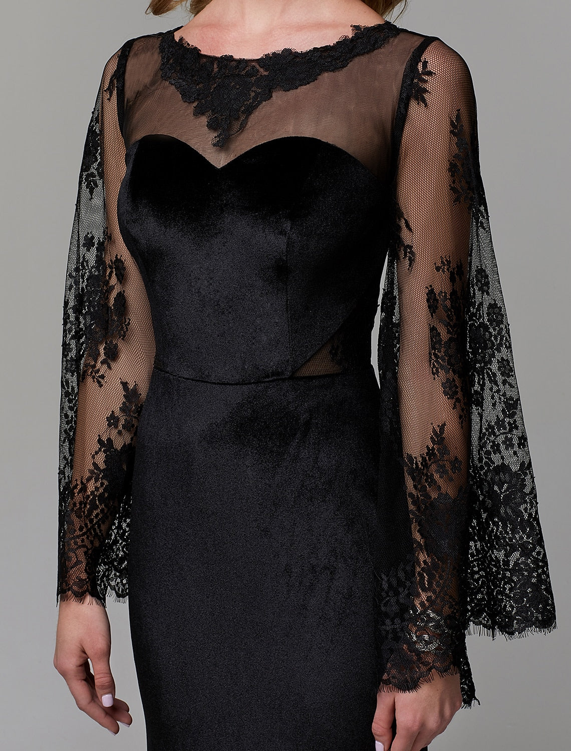 Sheath / Column Elegant Dress Wedding Guest Engagement Floor Length Long Sleeve Illusion Neck Lace with Lace Insert