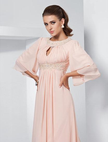A-Line Special Occasion Dresses Elegant Dress Wedding Guest Sweep / Brush Train Half Sleeve Jewel Neck Chiffon with Beading Draping