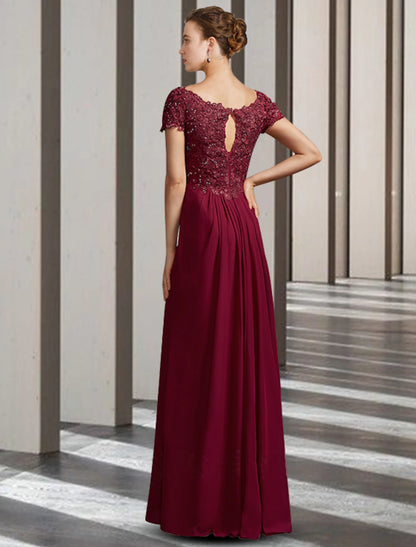 Sheath / Column Mother of the Bride Dress Elegant V Neck Floor Length Chiffon Lace Short Sleeve with Appliques