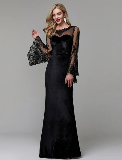 Sheath / Column Elegant Dress Wedding Guest Engagement Floor Length Long Sleeve Illusion Neck Lace with Lace Insert