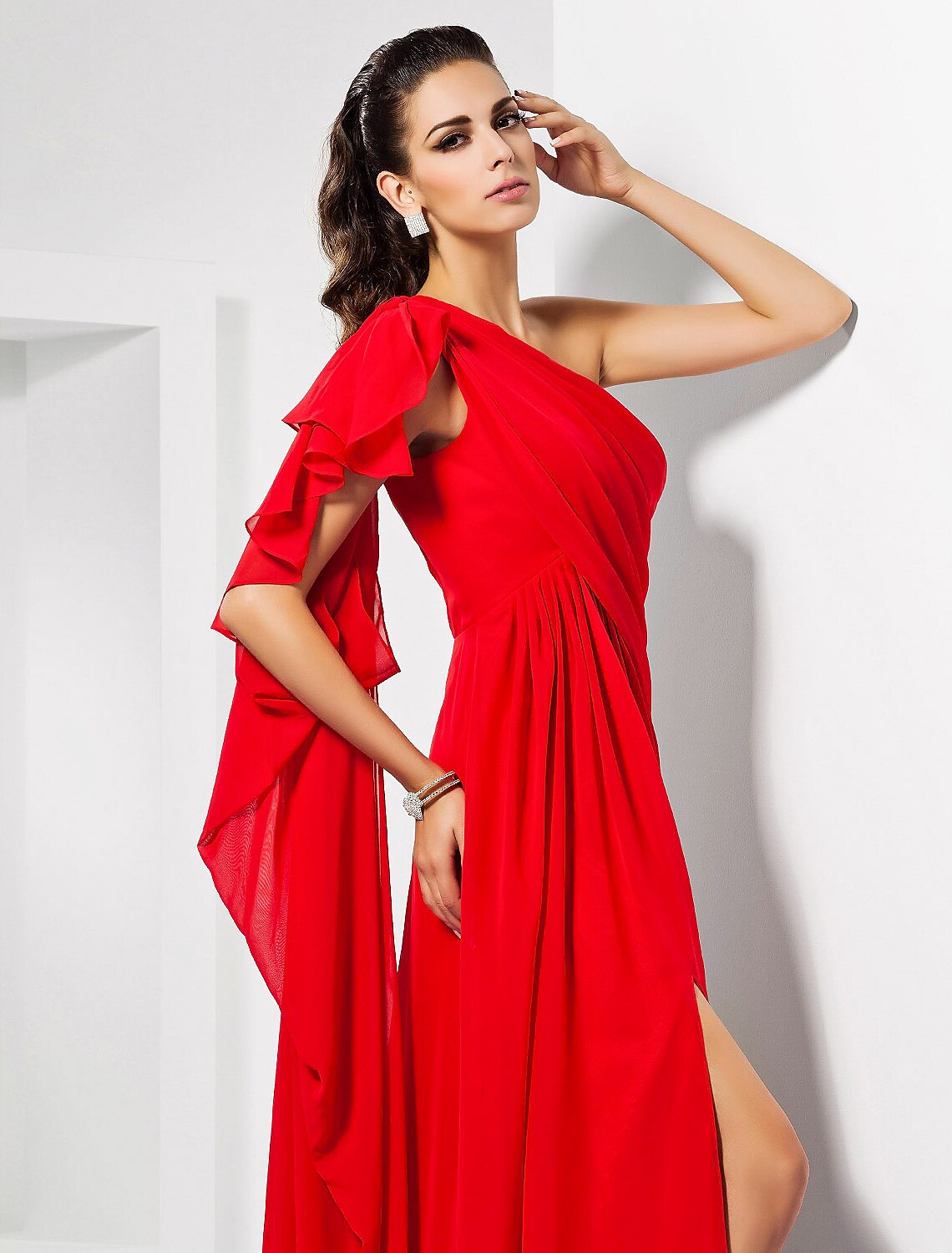 Sheath / Column Empire Wedding Guest Formal Evening Dress One Shoulder Sleeveless Floor Length Chiffon with Draping Slit
