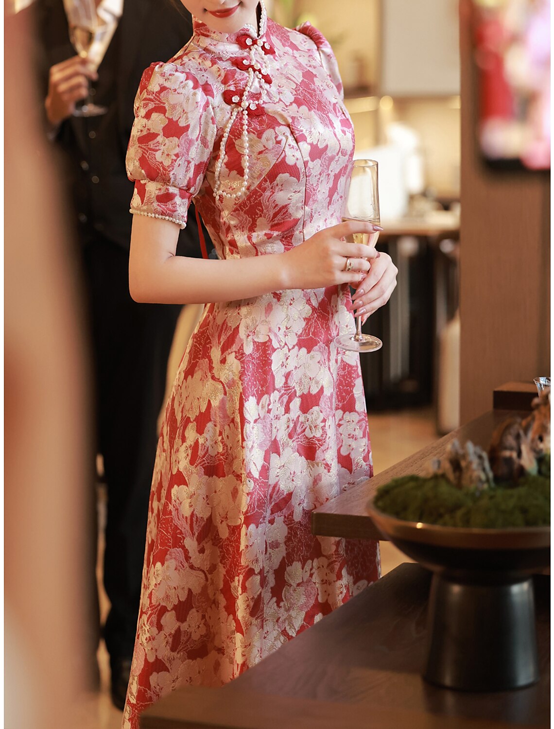 A-Line Evening Gown Elegant Dress Engagement Floor Length Half Sleeve Stand Collar Satin with Pearls Strappy