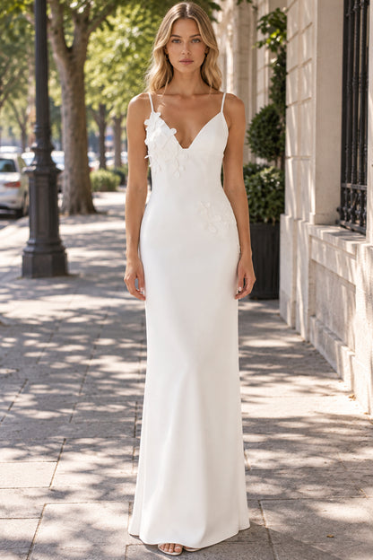 White Sheath V-Neck Thin-Strap Zipper Floor Wedding Bridal Gown