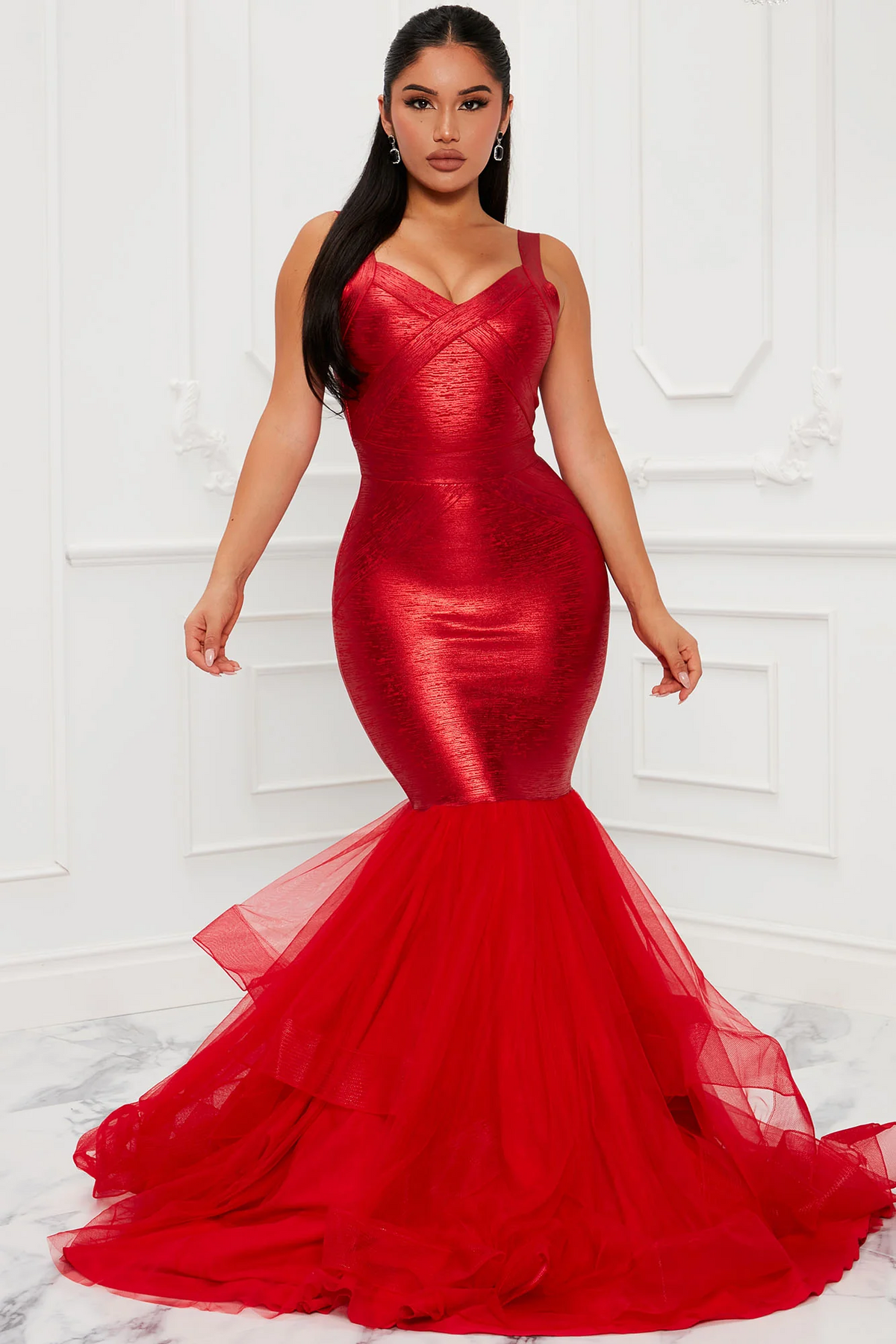 wide strap metallic ruffle tulle mermaid evening dress