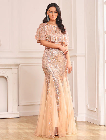 Two Piece Mermaid / Trumpet Party Dresses Sparkle & Shine Dress Prom Floor Length Sleeveless V Neck Capes Tulle V Back with Sequin Shawl