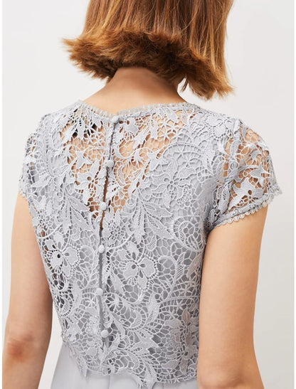 A-Line Mother of the Bride Dress Wedding Guest Elegant Petite Jewel Neck Knee Length Chiffon 3/4 Length Sleeve with Lace Ruching Solid Color