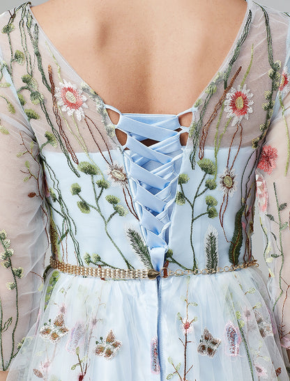 A-Line Evening Gown Floral Dress Holiday Wedding Guest Floor Length 3/4 Length Sleeve Illusion Neck Lace with Embroidery