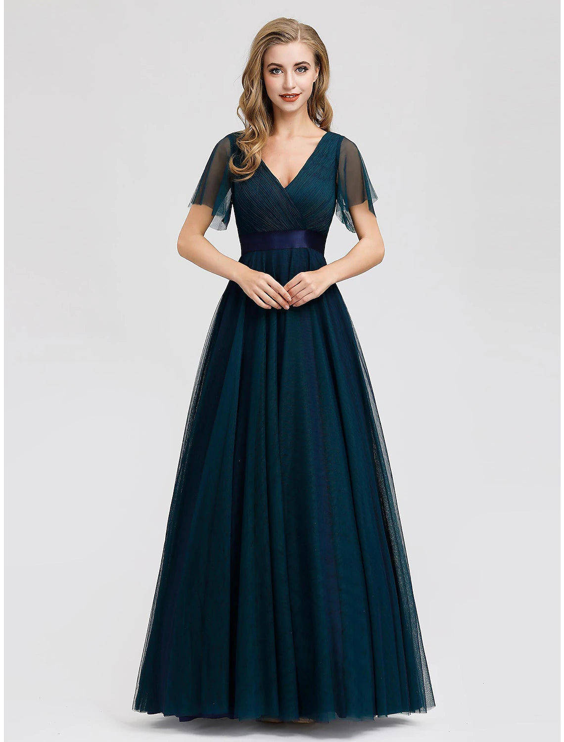A-Line Empire Wedding Guest Prom Dress V Neck V Back Short Sleeve Floor Length Chiffon with Pleats Ruched
