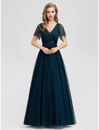 A-Line Empire Wedding Guest Prom Dress V Neck V Back Short Sleeve Floor Length Chiffon with Pleats Ruched