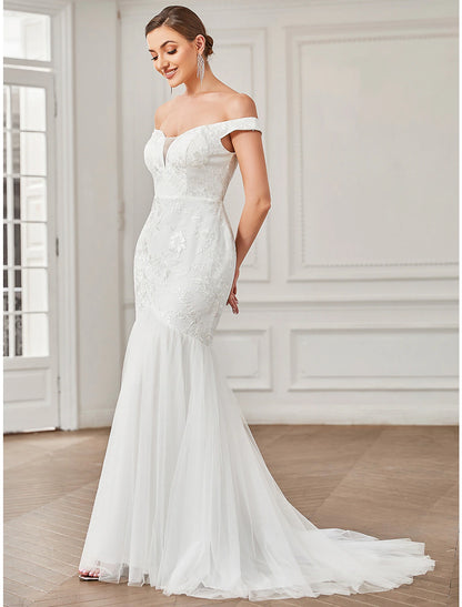 Reception Vintage Wedding Dresses A-Line Off Shoulder Cap Sleeve Sweep / Brush Train Lace Bridal Gowns With Lace Appliques Summer Wedding Party