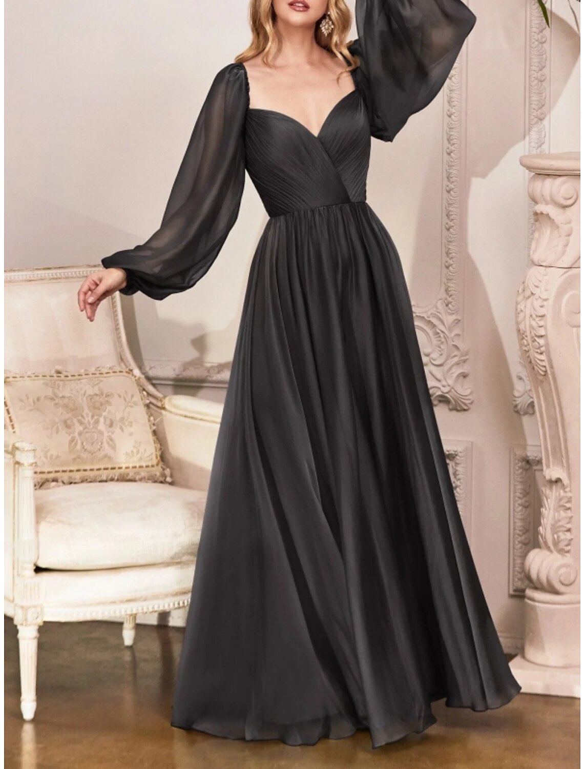 Sheath / Column Wedding Guest Dresses Elegant Dress Wedding Guest Floor Length Long Sleeve Sweetheart Bridesmaid Dress Chiffon with Pleats Ruched