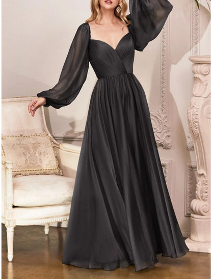 Sheath / Column Wedding Guest Dresses Elegant Dress Wedding Guest Floor Length Long Sleeve Sweetheart Bridesmaid Dress Chiffon with Pleats Ruched