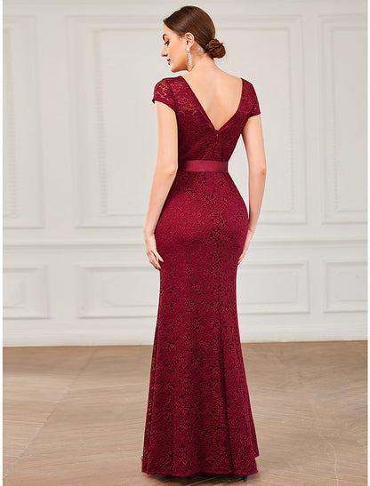 Mermaid / Trumpet Evening Gown Vintage Dress Formal Wedding Guest Floor Length Short Sleeve Jewel Neck Bridesmaid Dress Lace V Back with Strappy