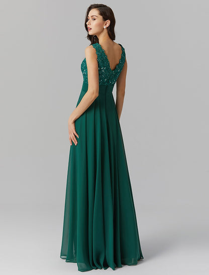 A-Line Elegant Dress Wedding Guest Floor Length Sleeveless V Neck Chiffon V Back with Sash / Ribbon Beading