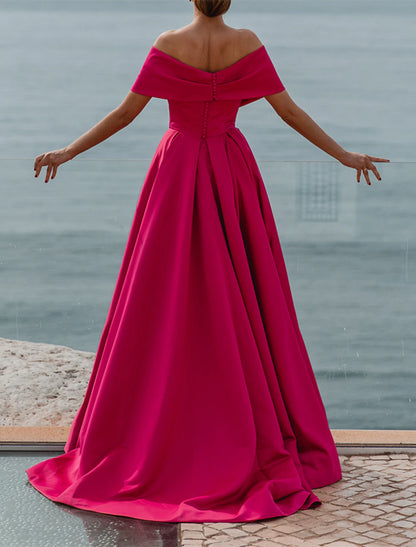 A-Line Evening Gown Christmas Red Green Dress Celebrity Style Dress Formal Wedding Court Train Sleeveless Off Shoulder Bridesmaid Dress Satin with Ruched Slit