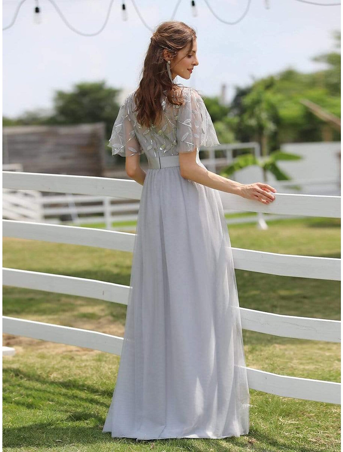 A-Line Empire Elegant Party Wear Prom Dress Jewel Neck Short Sleeve Floor Length Tulle with Embroidery 2022 / Illusion Sleeve
