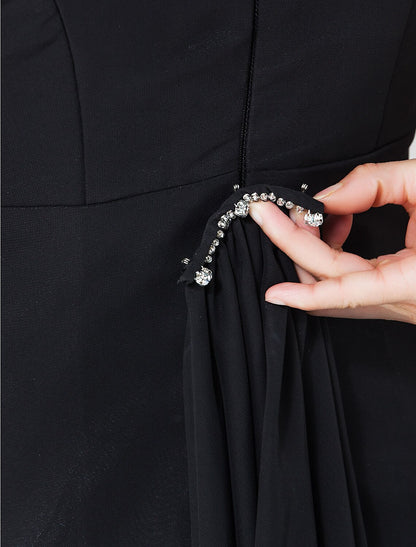 Sheath / Column Elegant Engagement Formal Evening Dress V Neck Sleeveless Sweep / Brush Train Chiffon with Crystals Draping