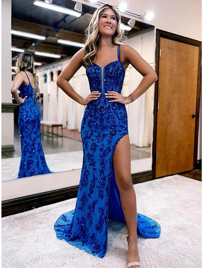 Mermaid / Trumpet Evening Gown Open Back Dress Formal Sweep / Brush Train Sleeveless V Neck Tulle Backless with Slit Appliques