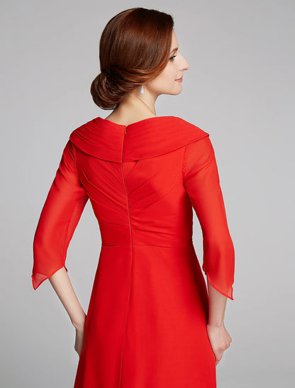 A-Line Mother of the Bride Dress Elegant V Neck Floor Length Chiffon Half Sleeve with Pleats Appliques