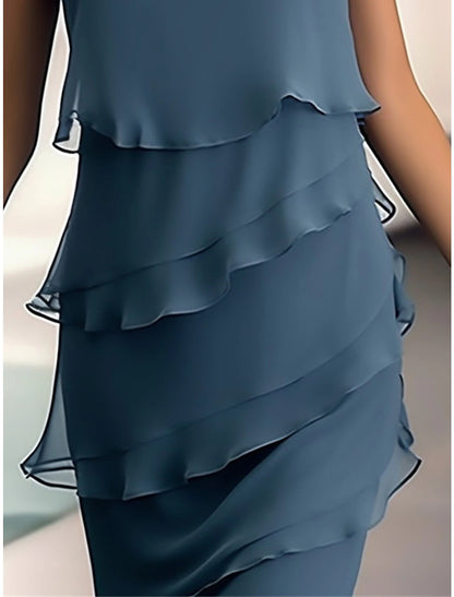 Party Dress Cocktail Dress Wedding Guest Dress Midi Dress Blue Sleeveless Pure Color Ruffle Summer Spring Fall Crew Neck Fashion Wedding Guest Summer Dress