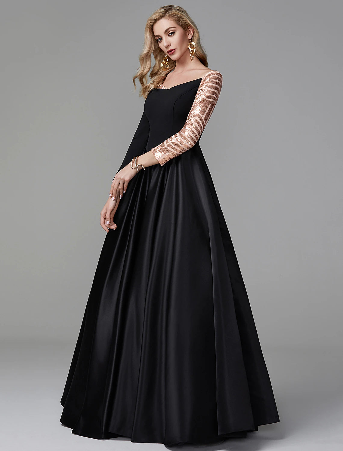 Ball Gown Vintage Dress Quinceanera Formal Evening Floor Length Long Sleeve Off Shoulder Satin with Sequin