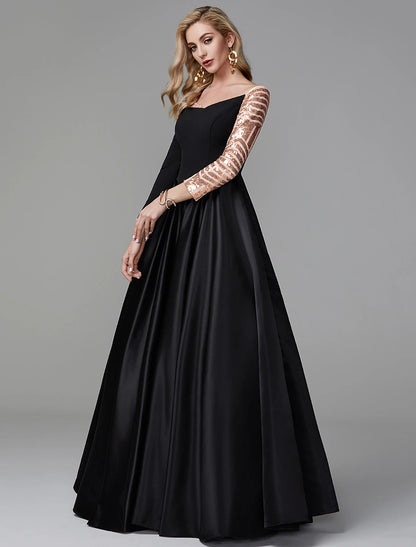 Ball Gown Vintage Dress Quinceanera Formal Evening Floor Length Long Sleeve Off Shoulder Satin with Sequin