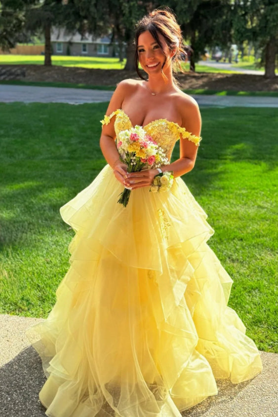 Yellow A-line Off-Shoulder Lace Corset Back Floor-Length Evening Dress