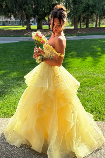 Yellow A-line Off-Shoulder Lace Corset Back Floor-Length Evening Dress