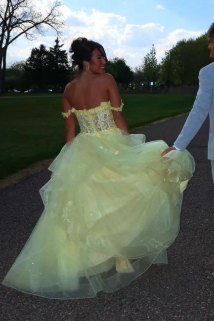 Yellow A-line Off-Shoulder Lace Corset Back Floor-Length Evening Dress