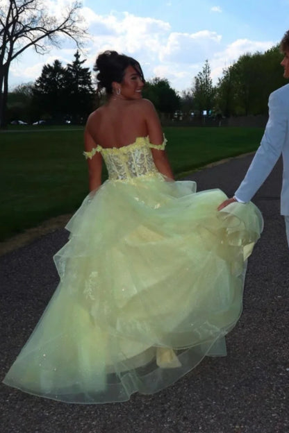 Yellow A-line Off-Shoulder Lace Corset Back Floor-Length Evening Dress