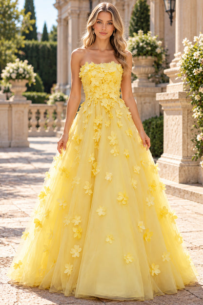 Yellow Strapless 3D Floral Tulle A Line Evening Dress