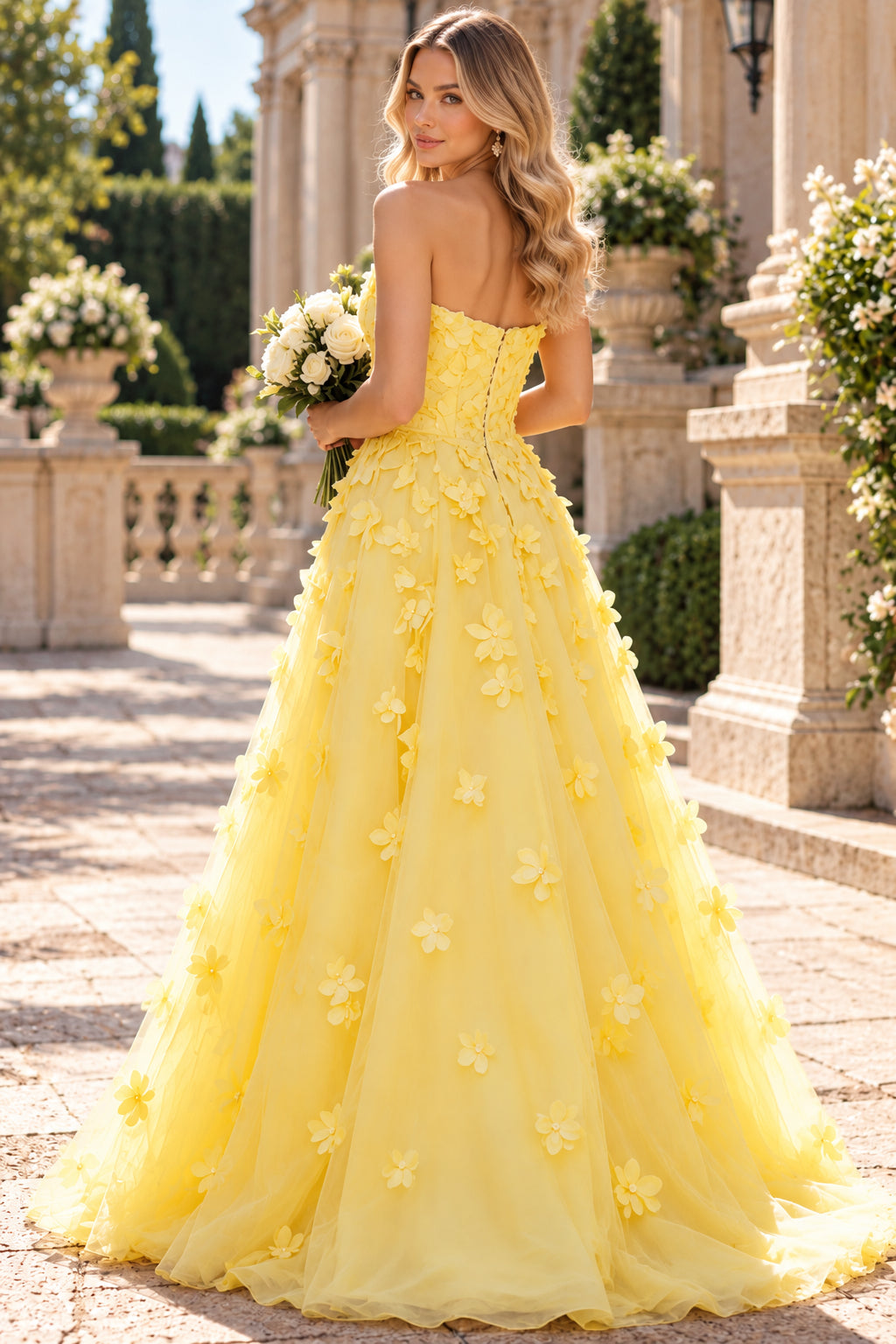 Yellow Strapless 3D Floral Tulle A Line Evening Dress