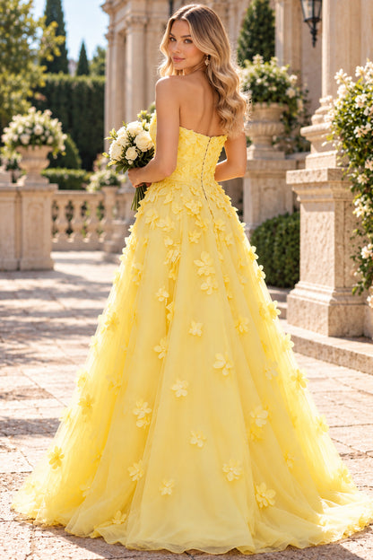 Yellow Strapless 3D Floral Tulle A Line Evening Dress