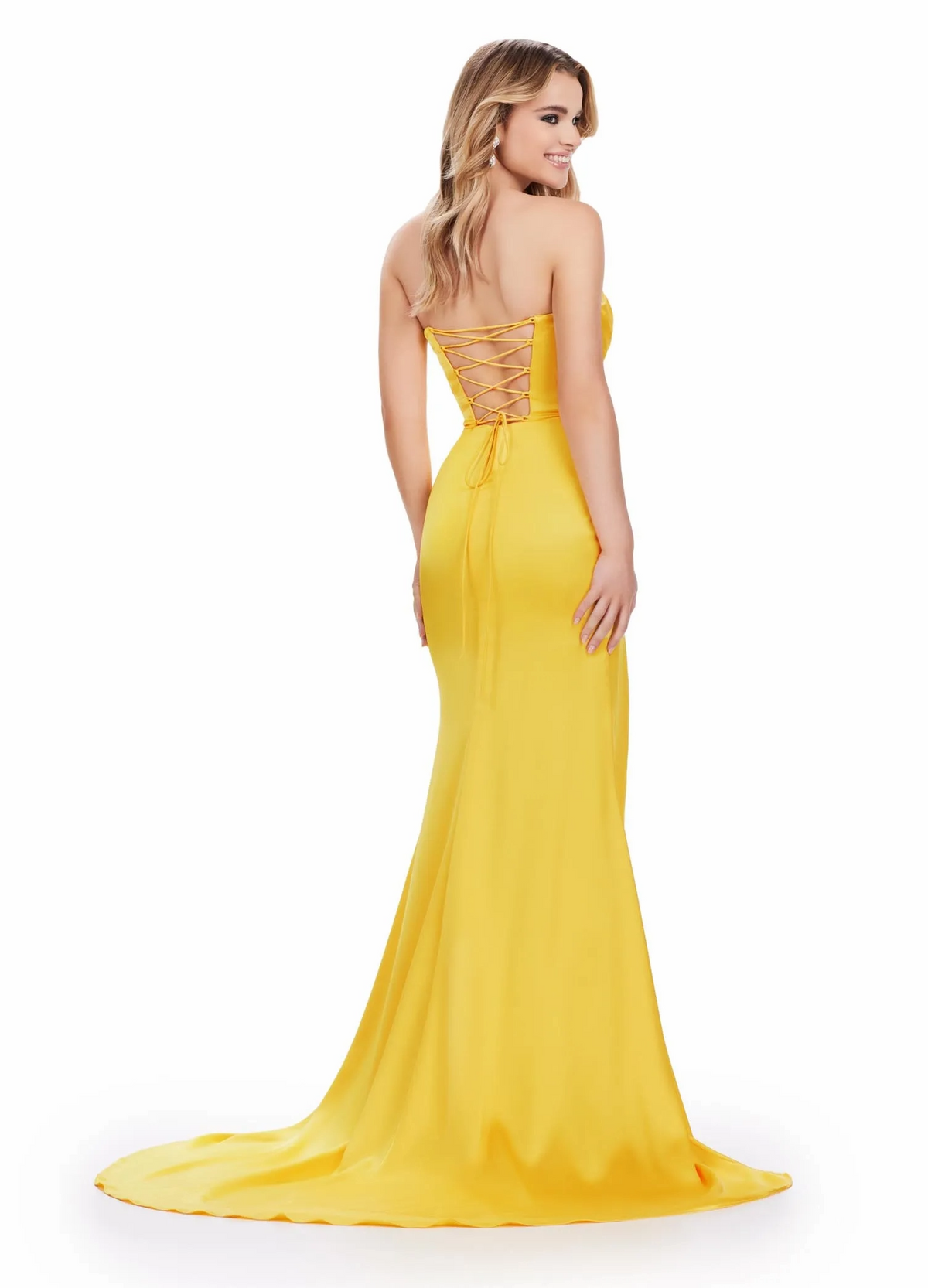 yellow mermaid strapless sweetheart lace-up train prom dress